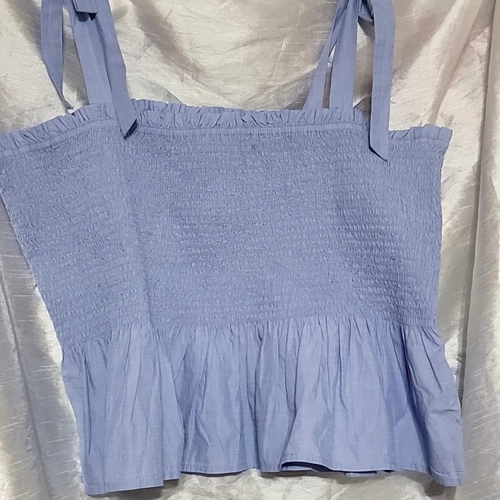 Nwt J. Crew Smocked Tie-Shoulder Tank Top Light Blue Cotton Poplin Plus Size - Picture 2 of 10